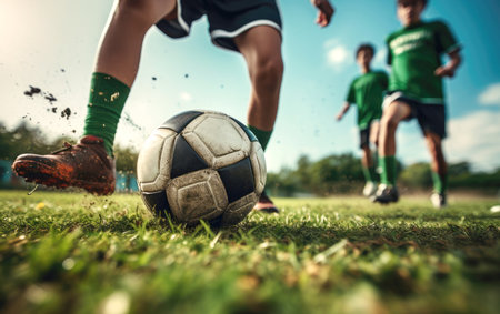 Men kicking soccer balls on a green fieldの素材