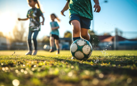 kids kicking soccer balls on a green fieldの素材