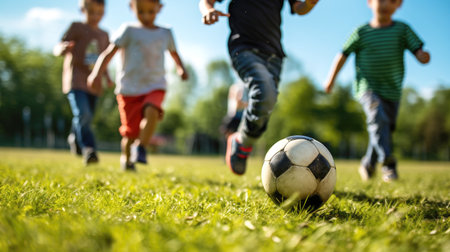 kids kicking soccer balls on a green fieldの素材