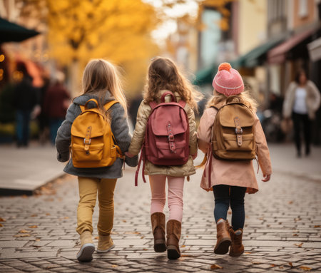 Children are walking down the street with their backpacksの素材