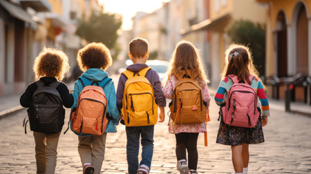 Children are walking down the street with their backpacksの素材