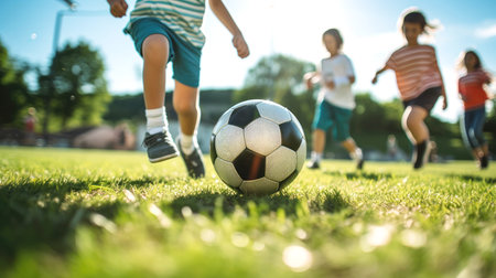 kids kicking soccer balls on a green fieldの素材