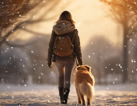 a woman and her dog taking a walk in the snowの素材