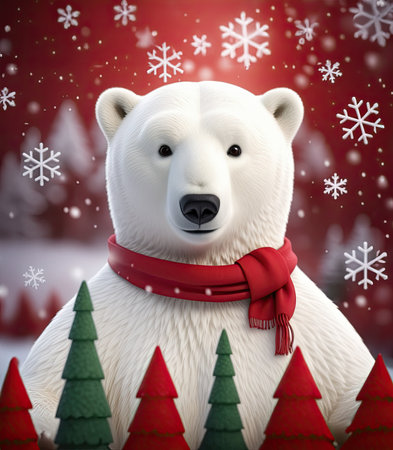 cute smiling polar bear with trees in winter in Christmas backgroundの素材
