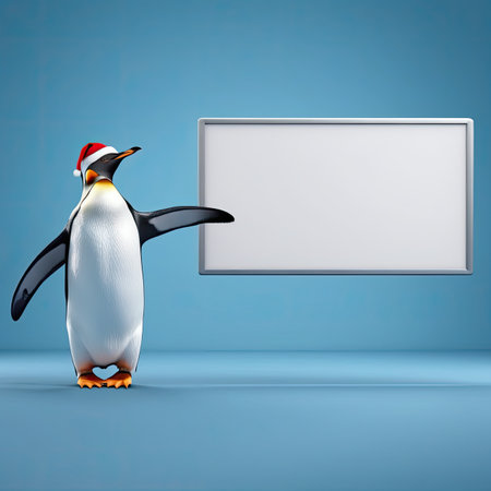 cute smiling penguin pointing to the boardの素材