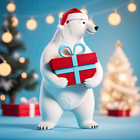 cute smiling polar bear holding gift box in Christmas backgroundの素材