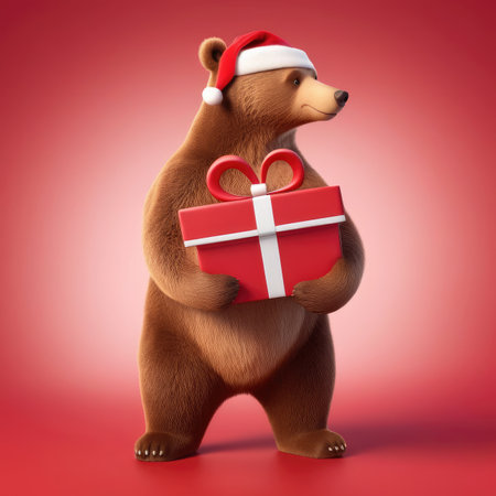 cute smiling brown bear holding gift box in Christmas backgroundの素材