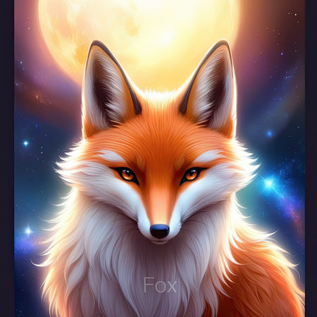 Vector illustration of fox on space background with full moon and stars.の素材