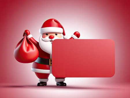 cute cartoon Santa Claus holding gift bag with blank boardの素材