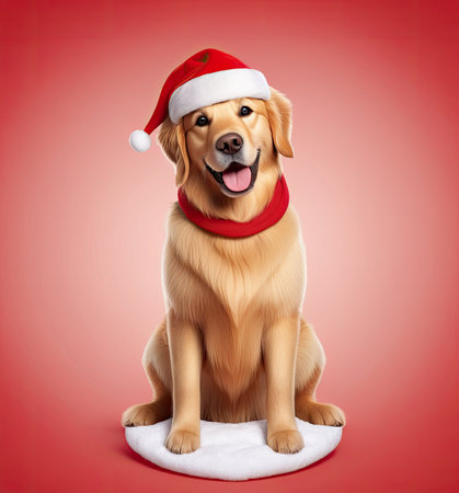 Labrador dog with Santa hat sitting on the Christmas backgroundの素材