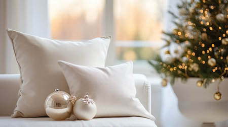white linen pillow on the ivory couch with Christmas backgroundの素材
