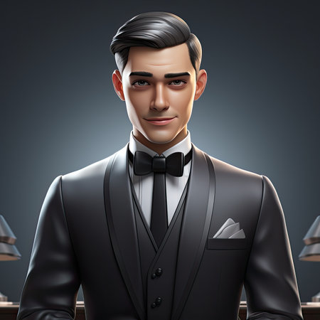 Smiling 3D Cartoon Waiter, Dark Backgroundの素材
