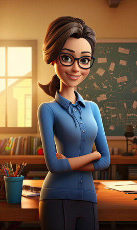 3d smiling cartoon character of female teacherの素材
