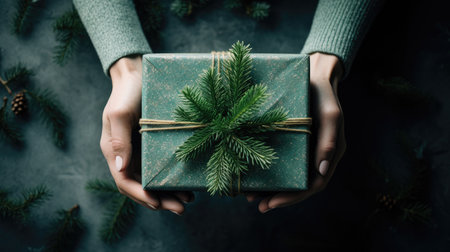 woman's hands are holding a Christmas giftの素材