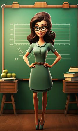 3d smiling cartoon character of female teacher with blackboardの素材