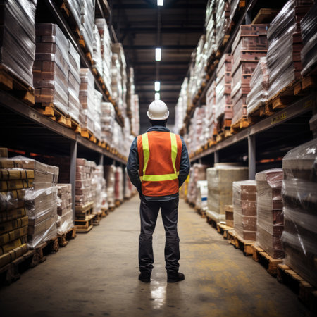 Warehouse Worker Inspecting Shelves, rear viewの素材