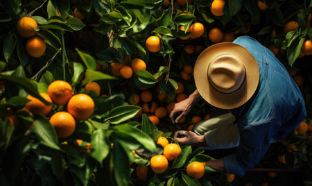 Farmer Harvesting in Orange Grove, top viewの素材