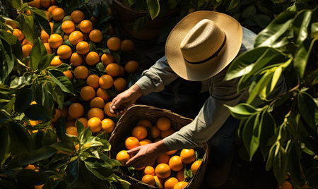 Farmer Harvesting in Orange Grove, top viewの素材