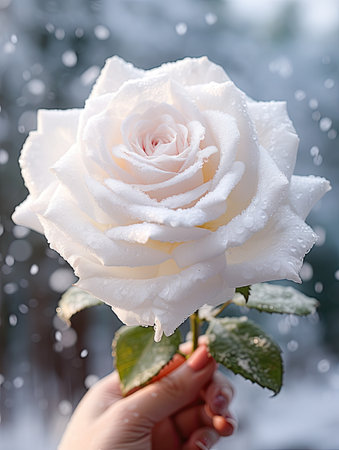 girl hand holding rose flower in winterの素材