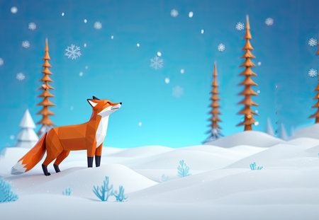 cute 3d cartoon red fox smiling in the snowing backgroundの素材