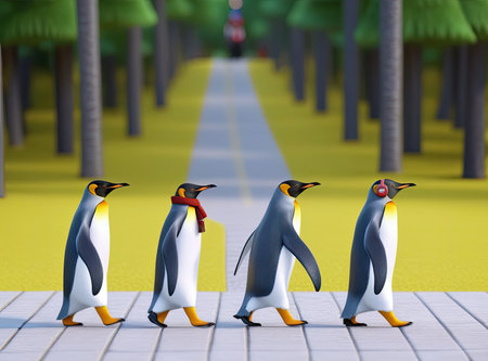 cute cartoon penguins walking on the streetの素材