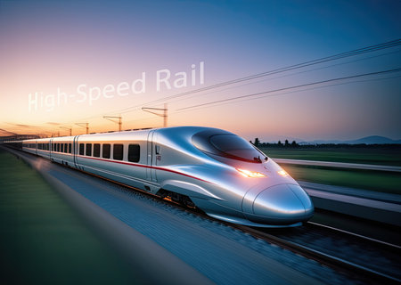 hight-speed train is running in the sunsetの素材