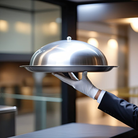 waiter holding plate with foodの素材