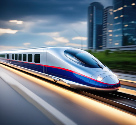 hight-speed train is running in the sunsetの素材