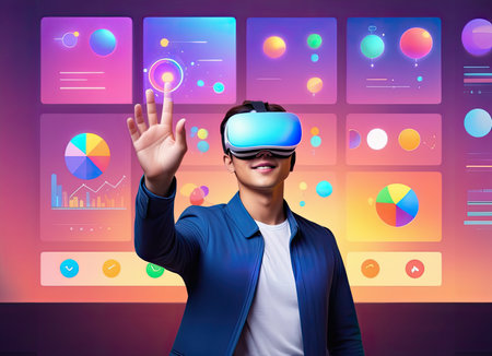 Man in VR glasses with virtual touchの素材
