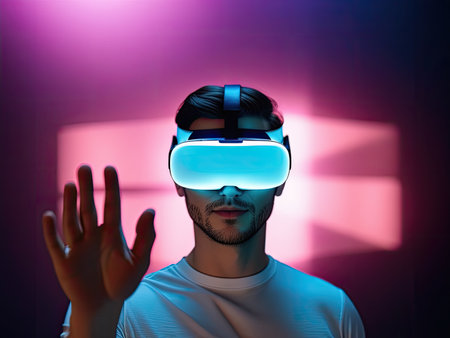 Man in VR glasses with virtual touchの素材