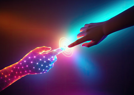 The concepts of reality and virtual worlds, hands touchingの素材