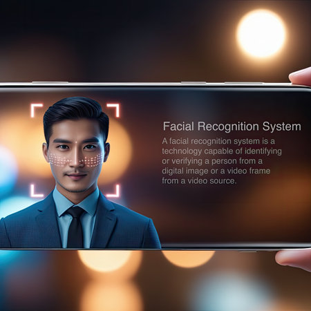 Male demonstrating facial recognition technologyの素材