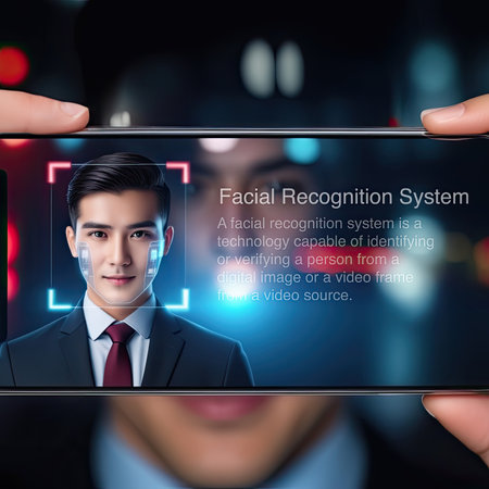 Male demonstrating facial recognition technologyの素材