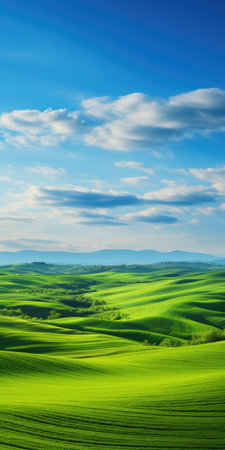 rolling green hills extending away into a gigantic mountainの素材