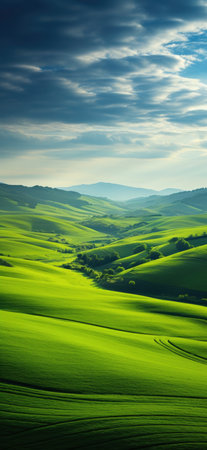 rolling green hills extending away into a gigantic mountainの素材