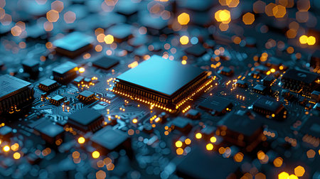 Close-up of Integrated Circuitry Against Light Reflectionsの素材