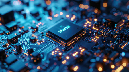 Close-up of Integrated Circuitry Against Light Reflectionsの素材