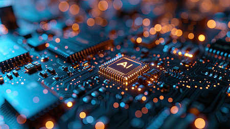 Detailed Close-up of an AI Chip on a Circuit Boardの素材