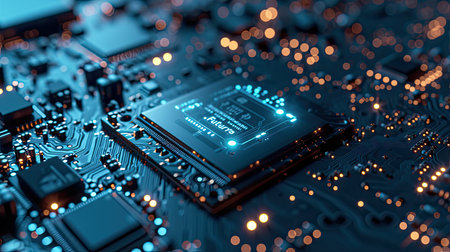 Detailed Close-up of an AI Chip on a Circuit Boardの素材