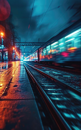 High-speed Train Tracks at Nightの素材