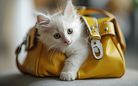 White kitten sticking its head out from handbagの素材