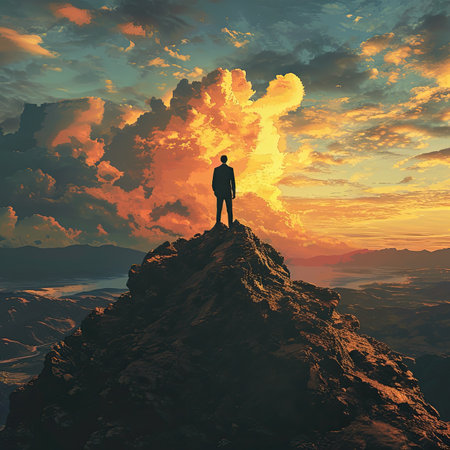 Silhouette of businessman on Mountain Top in sunsetの素材