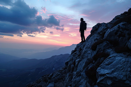 Silhouette of Person on Mountain Topの素材
