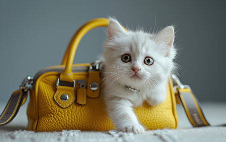 White kitten sticking its head out from handbagの素材