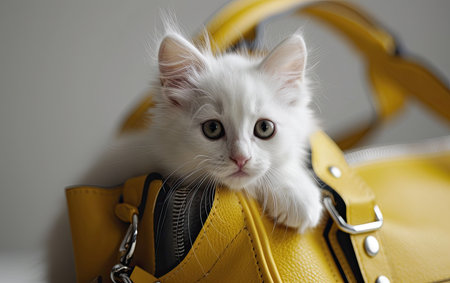 White kitten sticking its head out from handbagの素材