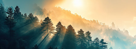 the land of pine trees, rain forest, mist, autumn fog, morning sunlightの素材