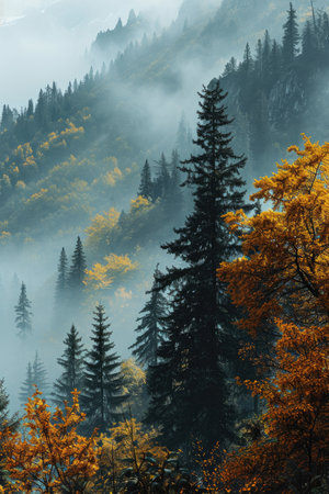 the land of pine trees, rain forest, mist, autumn fogの素材