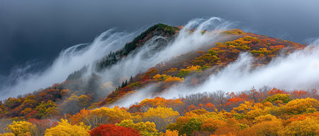 the land of pine trees, rain forest, mist, autumn fogの素材