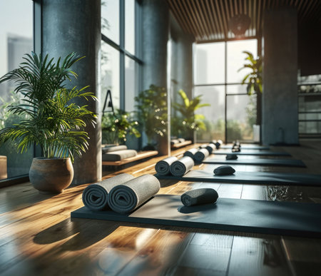 Modern yoga gym interior with unrolled yoga mats equipmentの素材
