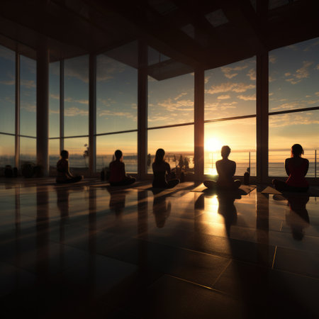 In the yoga room, people practice yoga in the morningの素材